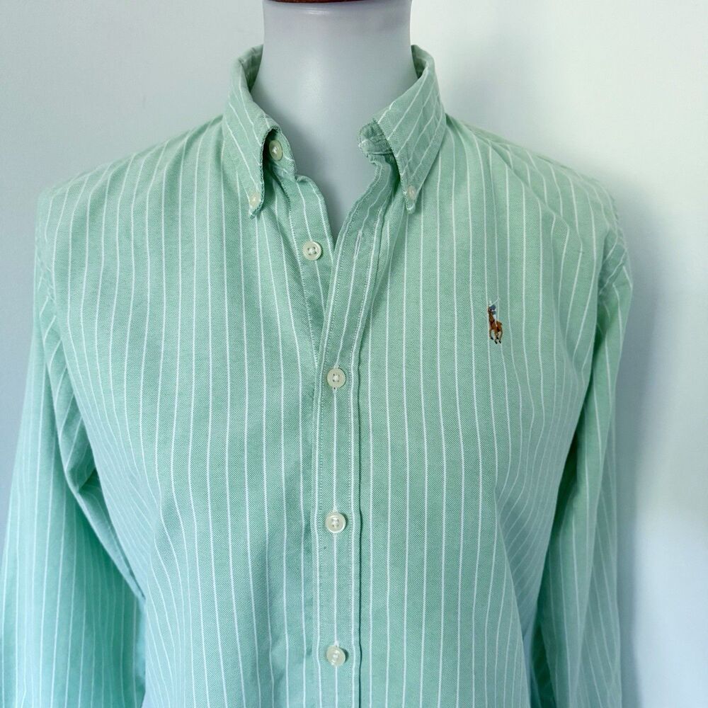 Womens Ralph Lauren Slim Fit Green Striped Flesh Pony Long Sleeve Shirt Size 12 - Picture 13 of 15